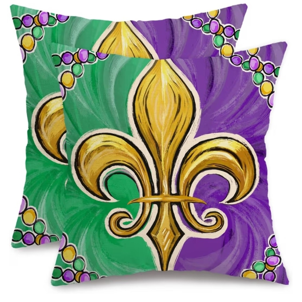 Decorative Green and Purple Pillow Covers with Gold Fleur-de-Lis Size 16X 16